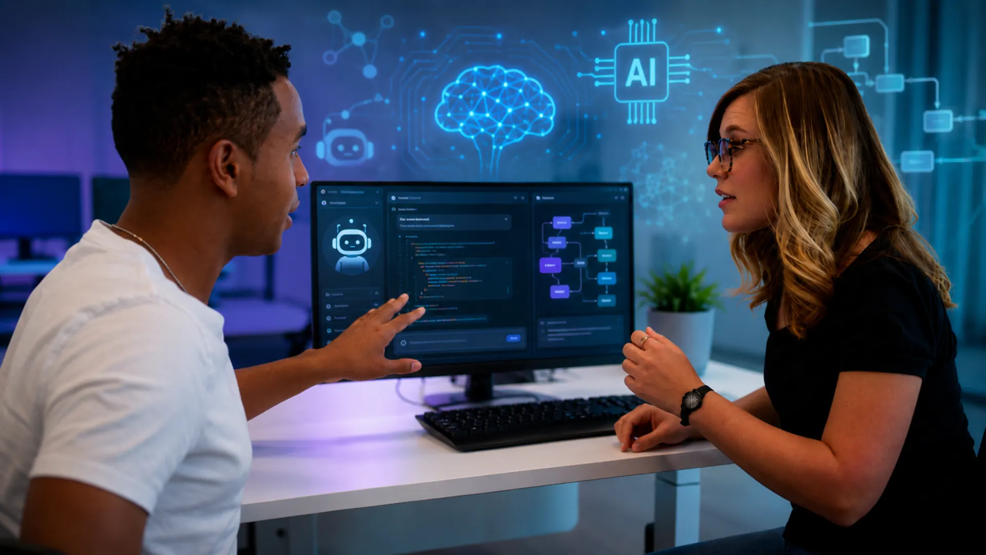 Two students collaborating in front of a monitor displaying AI workflows and a glowing neural network projection